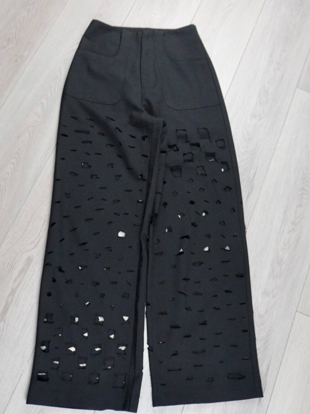 Handmade Distressed Black Wide Leg Pants Grunge Cut Out - Picture 4 of 5